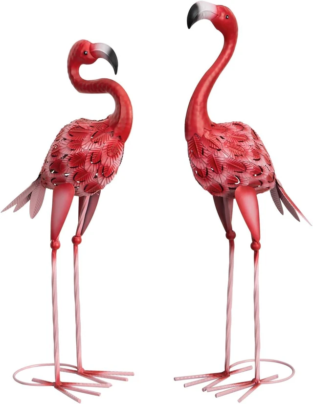 Main image of Red Metal Flamingo Garden Statues Outdoor Yard Art Sculptures for Patio, Lawn & Backyard Décor, Set of 2