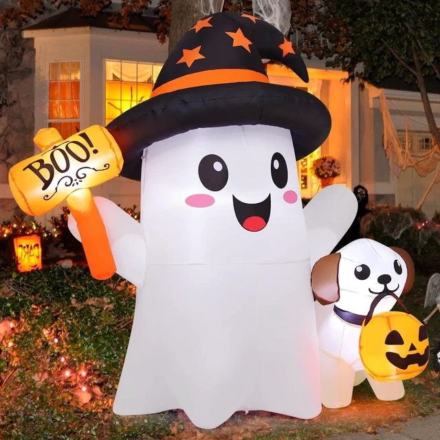 Alt view image 2 of 6 - 5 FT Halloween Inflatable Ghost & Puppy Blow-Up Outdoor Decoration with Hand-Held Light & Built-in LEDs for Garden, Lawn & Party Decor