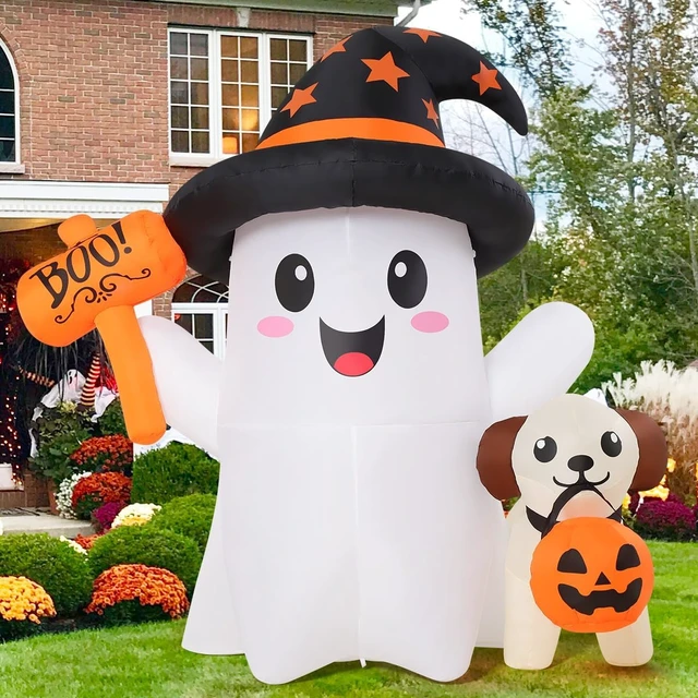 Alt view image 3 of 6 - 5 FT Halloween Inflatable Ghost & Puppy Blow-Up Outdoor Decoration with Hand-Held Light & Built-in LEDs for Garden, Lawn & Party Decor