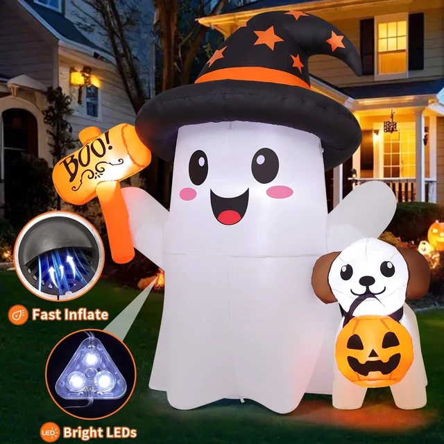 Alt view image 4 of 6 - 5 FT Halloween Inflatable Ghost & Puppy Blow-Up Outdoor Decoration with Hand-Held Light & Built-in LEDs for Garden, Lawn & Party Decor