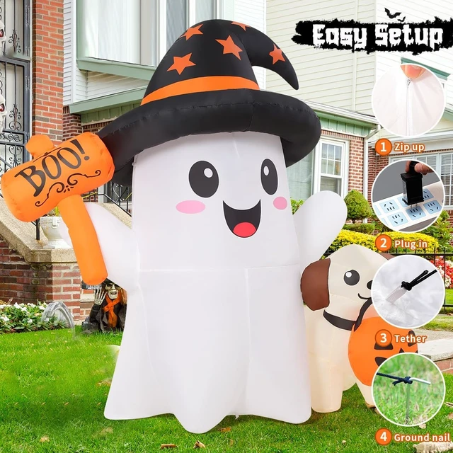 Alt view image 5 of 6 - 5 FT Halloween Inflatable Ghost & Puppy Blow-Up Outdoor Decoration with Hand-Held Light & Built-in LEDs for Garden, Lawn & Party Decor