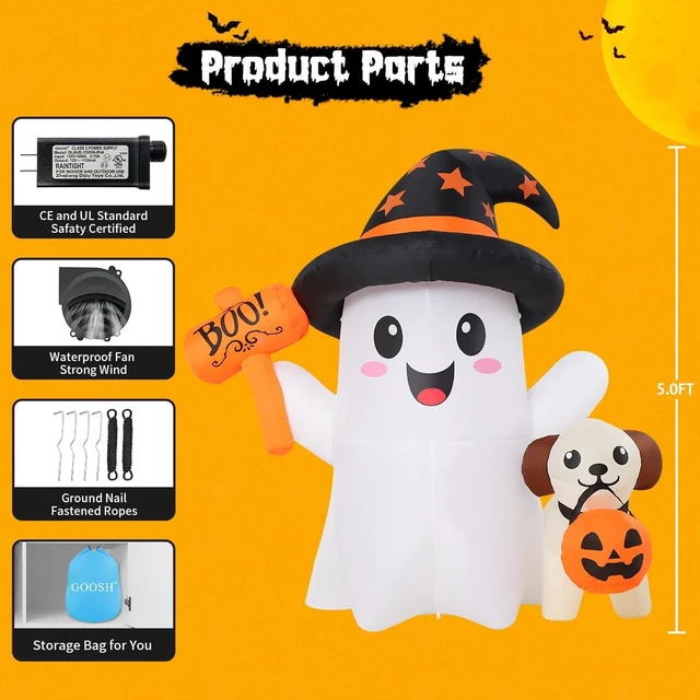 Alt view image 6 of 6 - 5 FT Halloween Inflatable Ghost & Puppy Blow-Up Outdoor Decoration with Hand-Held Light & Built-in LEDs for Garden, Lawn & Party Decor