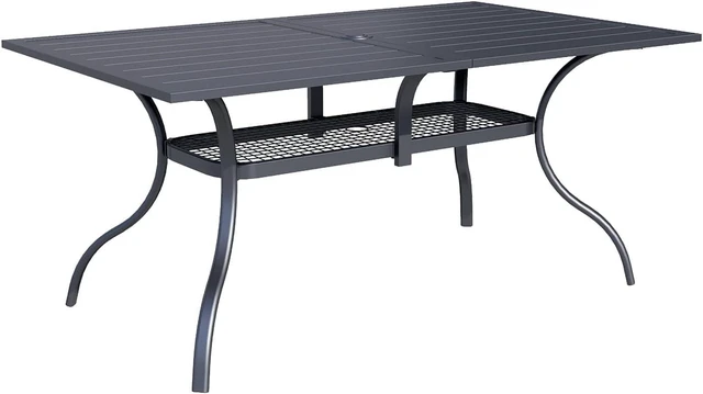 Main image of 60" x 36" Rectangle Steel Slat Patio Dining Table with 1.57" Umbrella Hole for Backyards, Porches, Gardens & Poolside