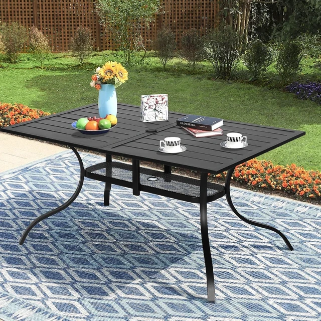 Alt view image 2 of 7 - 60" x 36" Rectangle Steel Slat Patio Dining Table with 1.57" Umbrella Hole for Backyards, Porches, Gardens & Poolside