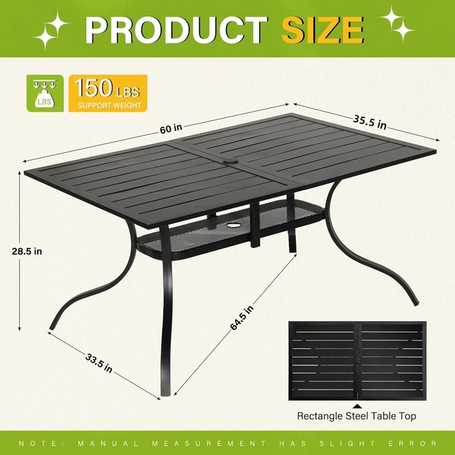 Alt view image 3 of 7 - 60" x 36" Rectangle Steel Slat Patio Dining Table with 1.57" Umbrella Hole for Backyards, Porches, Gardens & Poolside
