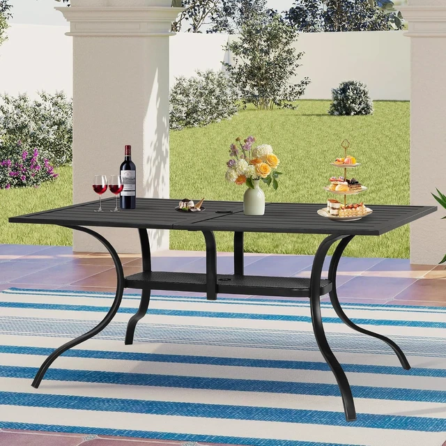 Alt view image 4 of 7 - 60" x 36" Rectangle Steel Slat Patio Dining Table with 1.57" Umbrella Hole for Backyards, Porches, Gardens & Poolside