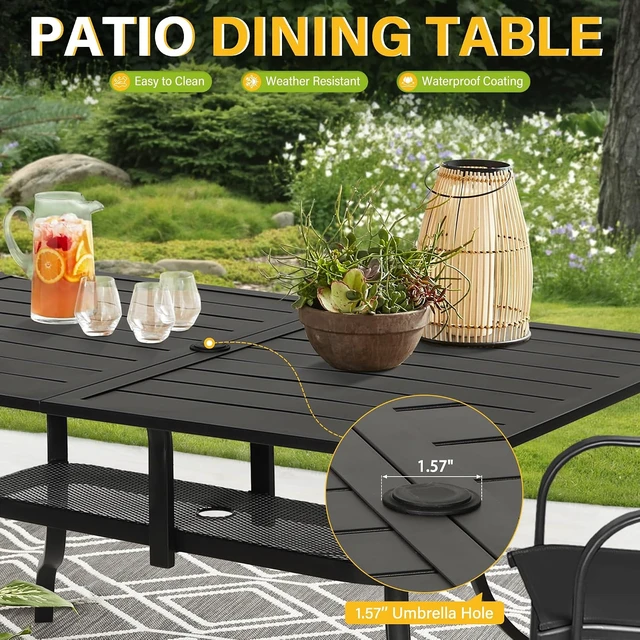 Alt view image 5 of 7 - 60" x 36" Rectangle Steel Slat Patio Dining Table with 1.57" Umbrella Hole for Backyards, Porches, Gardens & Poolside