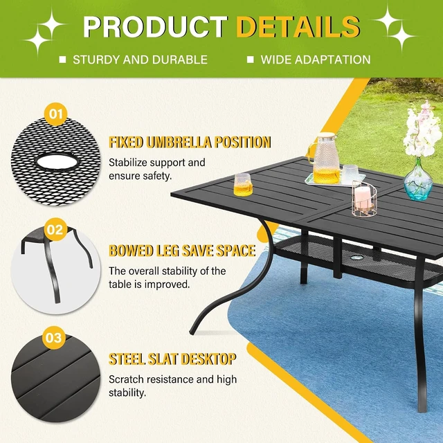 Alt view image 6 of 7 - 60" x 36" Rectangle Steel Slat Patio Dining Table with 1.57" Umbrella Hole for Backyards, Porches, Gardens & Poolside