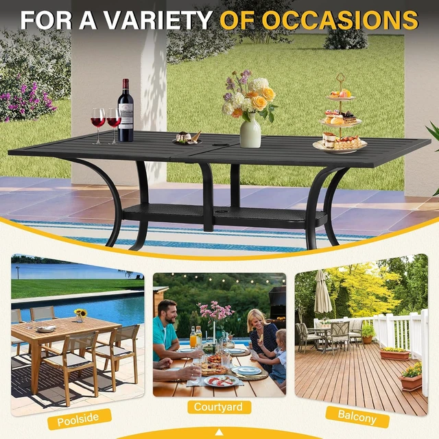 Alt view image 7 of 7 - 60" x 36" Rectangle Steel Slat Patio Dining Table with 1.57" Umbrella Hole for Backyards, Porches, Gardens & Poolside