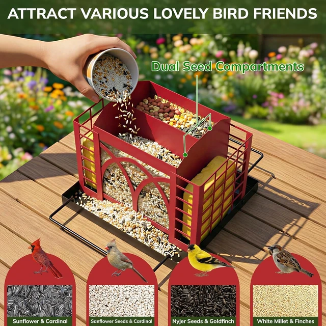 Alt view image 2 of 7 - Hanging Metal Bird Feeder with Double Suet Cage & Weatherproof Roof 3.5 Lbs Capacity for Finches, Cardinals, Chickadees & Wild Birds, Berry Red