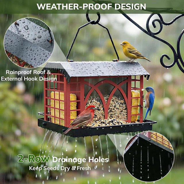 Alt view image 3 of 7 - Hanging Metal Bird Feeder with Double Suet Cage & Weatherproof Roof 3.5 Lbs Capacity for Finches, Cardinals, Chickadees & Wild Birds, Berry Red