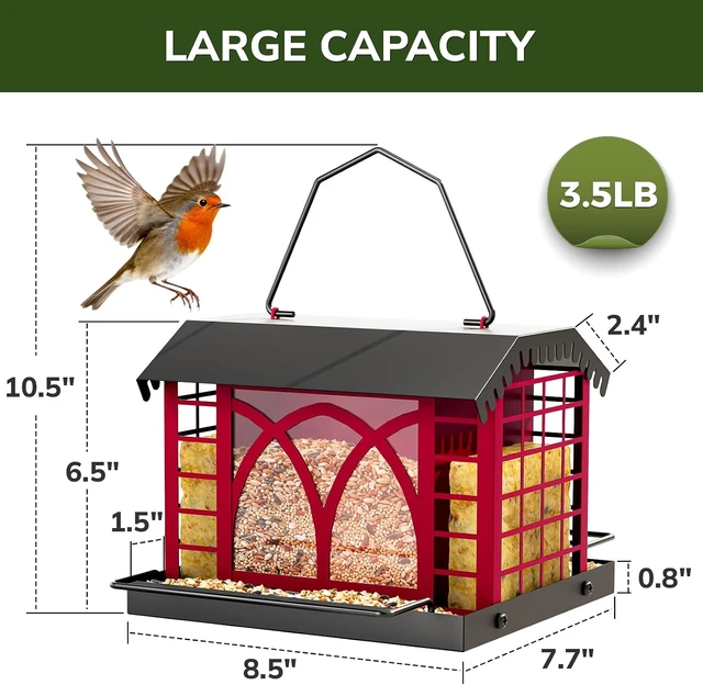 Alt view image 4 of 7 - Hanging Metal Bird Feeder with Double Suet Cage & Weatherproof Roof 3.5 Lbs Capacity for Finches, Cardinals, Chickadees & Wild Birds, Berry Red