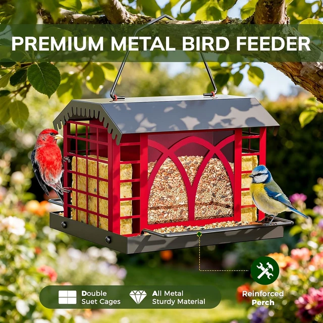 Alt view image 7 of 7 - Hanging Metal Bird Feeder with Double Suet Cage & Weatherproof Roof 3.5 Lbs Capacity for Finches, Cardinals, Chickadees & Wild Birds, Berry Red