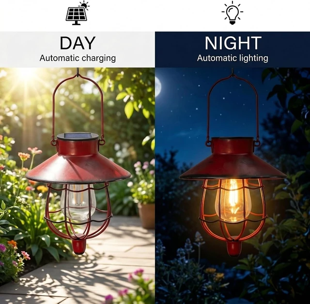 Alt view image 4 of 7 - 2 Pack Waterproof Hanging Metal Solar Lanterns Warm White Outdoor Lamp for Yard, Garden, Pathway, Patio & Porch Decor (Red)