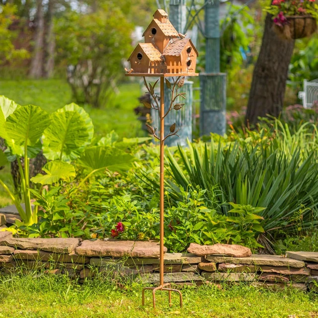 Alt view image 4 of 7 - Large Copper Multi-Birdhouse Stakes, Room for 4 Bird Families Each (Houses Facing Multiple Directions)