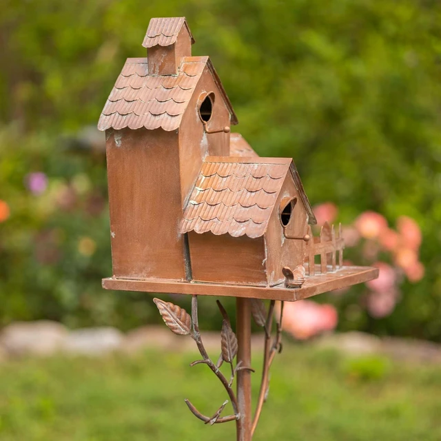 Alt view image 7 of 7 - Large Copper Multi-Birdhouse Stakes, Room for 4 Bird Families Each (Houses Facing Multiple Directions)