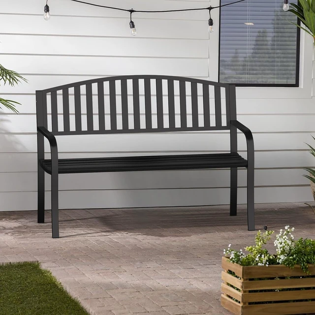 Alt view image 2 of 7 - 50" Wrought Iron Garden Bench 660LBS Black Porch & Patio Bench with Armrests for Lawn or Yard