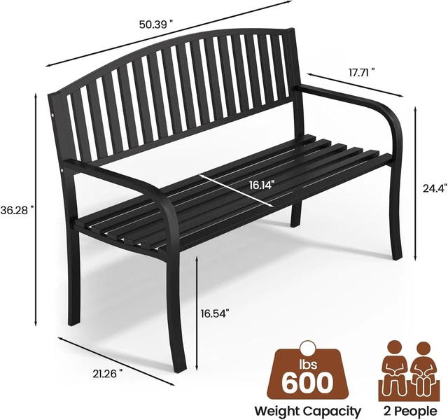 Alt view image 3 of 7 - 50" Wrought Iron Garden Bench 660LBS Black Porch & Patio Bench with Armrests for Lawn or Yard