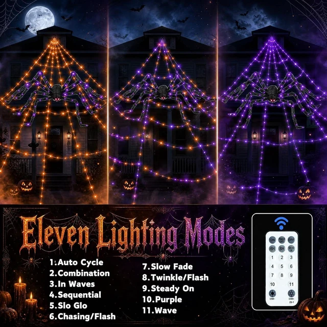 Alt view image 3 of 7 - Outdoor Spider Web Lights 550 LED Giant Halloween Cobweb with Remote Control, Timer & 11 Lighting Modes, Waterproof Yard & Party Decor