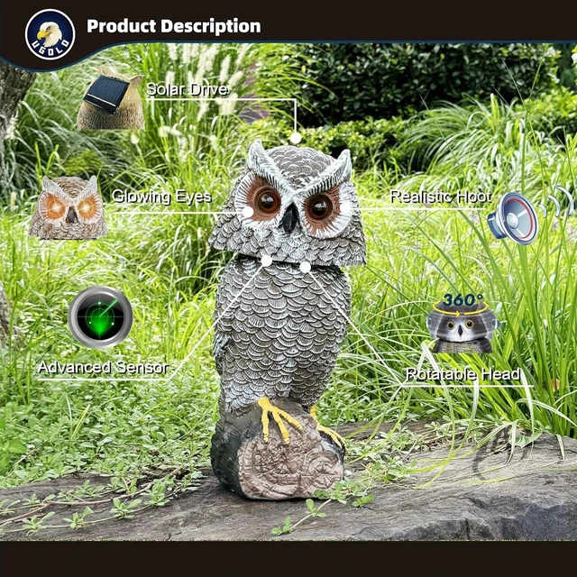 Alt view image 2 of 6 - Solar Powered Garden Owl Statue with Motion Detection, Rotating Head, Realistic Hoots & Silent Mode Outdoor Owl Decoration for Home, Garden, Patio & Lawn