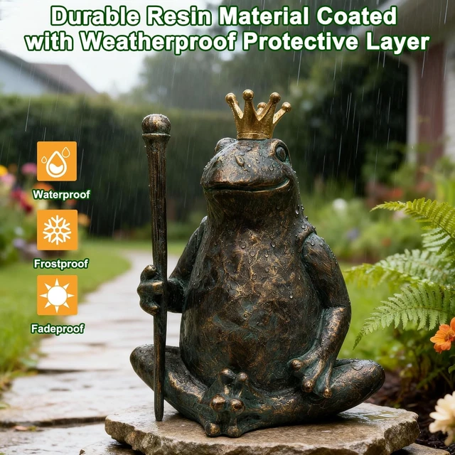 Alt view image 4 of 7 - Seated Prince Frog Garden Statue with Scepter Weather-Resistant Outdoor Animal Figurine for Patio & Lawn, 11.5" H×9.8" L
