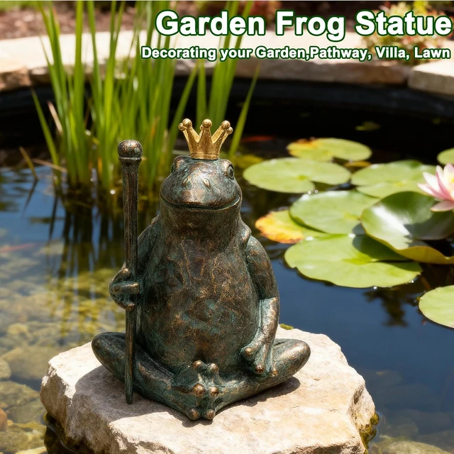 Alt view image 5 of 7 - Seated Prince Frog Garden Statue with Scepter Weather-Resistant Outdoor Animal Figurine for Patio & Lawn, 11.5" H×9.8" L