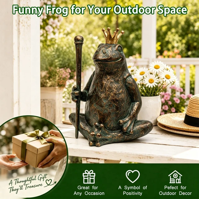 Alt view image 7 of 7 - Seated Prince Frog Garden Statue with Scepter Weather-Resistant Outdoor Animal Figurine for Patio & Lawn, 11.5" H×9.8" L