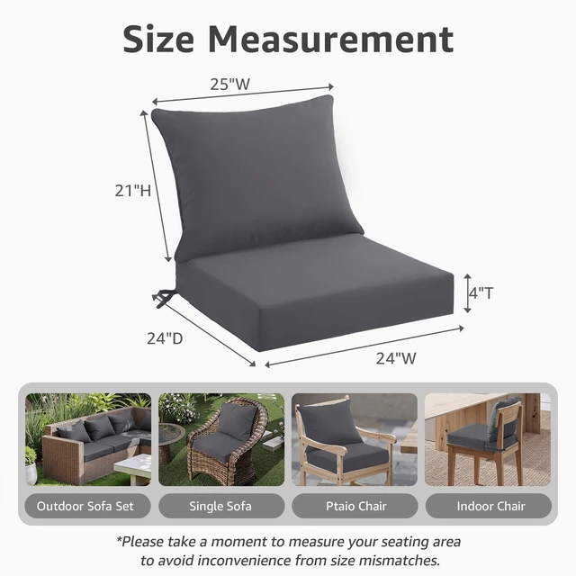 Alt view image 4 of 6 - 24 x 24 x 4 Inch Outdoor Seat Cushion Set Waterproof & Fade Resistant Patio Cushions with Removable Cover & Ties for Chairs, Sofas & Couches, Grey
