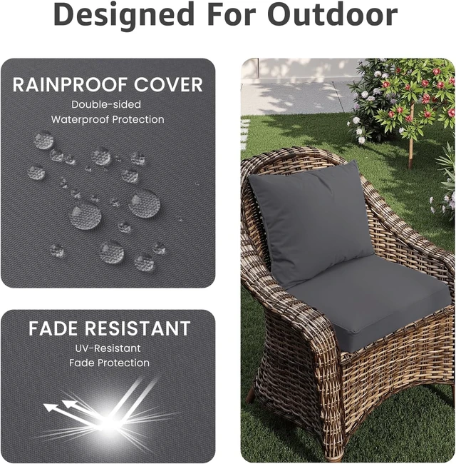 Alt view image 3 of 6 - 24 x 24 x 4 Inch Outdoor Seat Cushion Set Waterproof & Fade Resistant Patio Cushions with Removable Cover & Ties for Chairs, Sofas & Couches, Grey