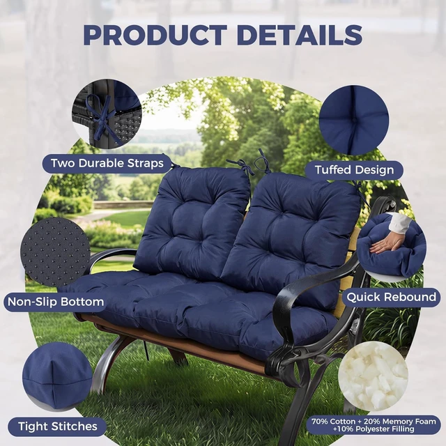 Alt view image 4 of 7 - 3 Piece Waterproof Wicker Patio Cushion Set 1 Loveseat & 2 U-Shaped Tufted Outdoor Cushions, 44"x19"x5", Navy Blue