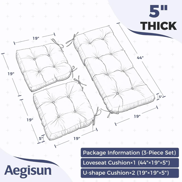 Alt view image 2 of 7 - 3 Piece Waterproof Wicker Patio Cushion Set 1 Loveseat & 2 U-Shaped Tufted Outdoor Cushions, 44"x19"x5", Navy Blue