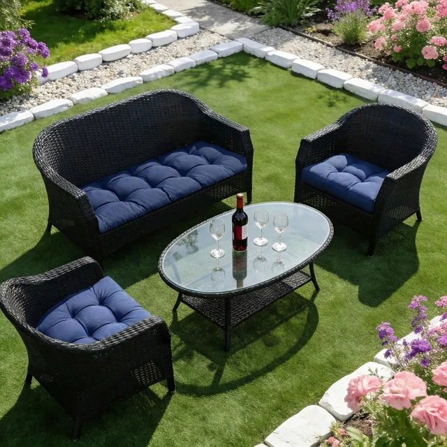 Alt view image 6 of 7 - 3 Piece Waterproof Wicker Patio Cushion Set 1 Loveseat & 2 U-Shaped Tufted Outdoor Cushions, 44"x19"x5", Navy Blue