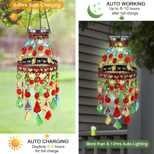Alt view image 3 of 7 - 2 Tier Hanging Solar Lantern Outdoor Acrylic Crystal Wind Chime Chandelier