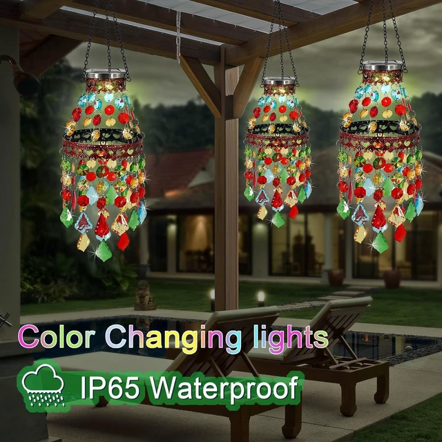 Alt view image 4 of 7 - 2 Tier Hanging Solar Lantern Outdoor Acrylic Crystal Wind Chime Chandelier