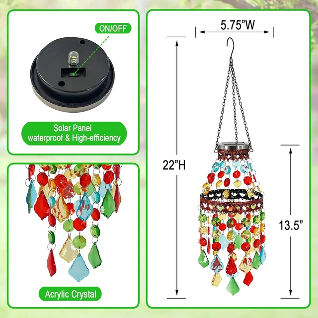 Alt view image 6 of 7 - 2 Tier Hanging Solar Lantern Outdoor Acrylic Crystal Wind Chime Chandelier