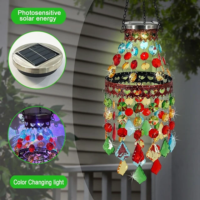 Alt view image 5 of 7 - 2 Tier Hanging Solar Lantern Outdoor Acrylic Crystal Wind Chime Chandelier