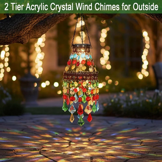 Alt view image 7 of 7 - 2 Tier Hanging Solar Lantern Outdoor Acrylic Crystal Wind Chime Chandelier