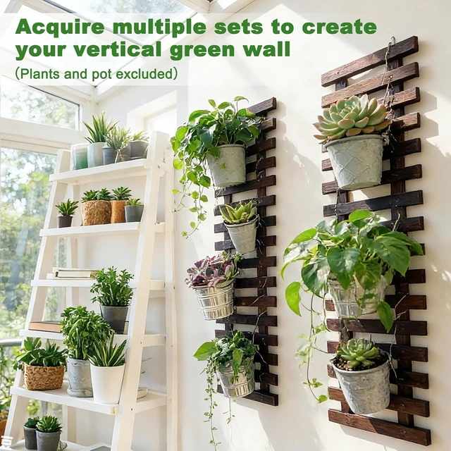 Alt view image 4 of 6 - 2 Pcs Wooden Wall Planters, 11.4"W x 35.43"H Hanging Wall-Mounted Plant Holder & Trellis for Indoor/Outdoor Plants, Orchids, Succulents & Air Plants