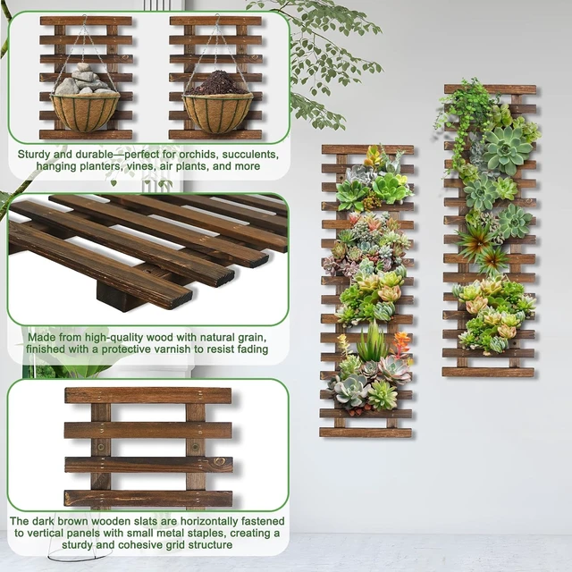 Alt view image 5 of 6 - 2 Pcs Wooden Wall Planters, 11.4"W x 35.43"H Hanging Wall-Mounted Plant Holder & Trellis for Indoor/Outdoor Plants, Orchids, Succulents & Air Plants