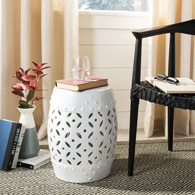 Alt view image 2 of 5 - 17.5" White Outdoor Lattice Coin Ceramic Garden Stool, ACS4510A
