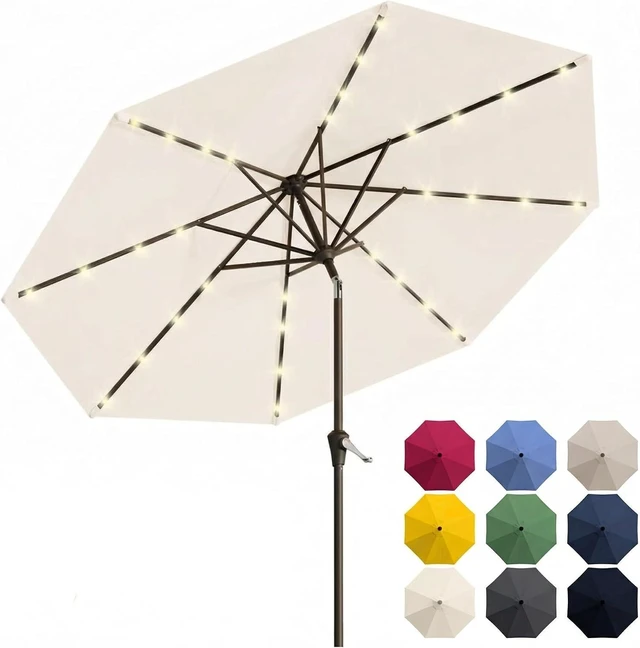Main image of 10 FT Solar Patio Umbrella with 32 LED Lights UV-Resistant Outdoor Market Umbrella with 8 Sturdy Ribs, Push Button Tilt & Crank for Pool, Deck & Garden