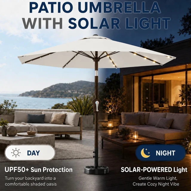 Alt view image 2 of 7 - 10 FT Solar Patio Umbrella with 32 LED Lights UV-Resistant Outdoor Market Umbrella with 8 Sturdy Ribs, Push Button Tilt & Crank for Pool, Deck & Garden