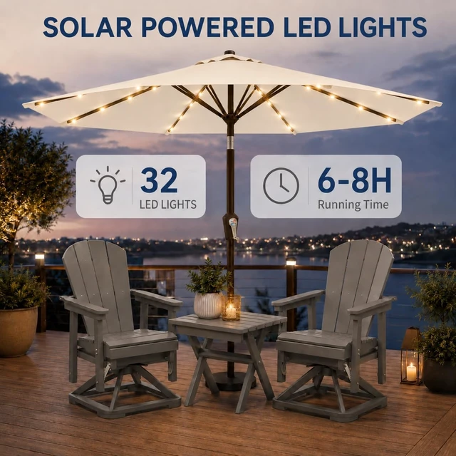 Alt view image 3 of 7 - 10 FT Solar Patio Umbrella with 32 LED Lights UV-Resistant Outdoor Market Umbrella with 8 Sturdy Ribs, Push Button Tilt & Crank for Pool, Deck & Garden