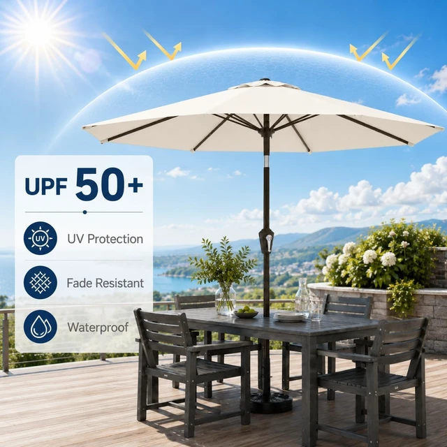 Alt view image 4 of 7 - 10 FT Solar Patio Umbrella with 32 LED Lights UV-Resistant Outdoor Market Umbrella with 8 Sturdy Ribs, Push Button Tilt & Crank for Pool, Deck & Garden