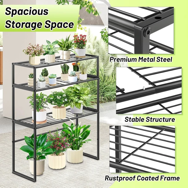 Alt view image 3 of 7 - 3 Tier Heavy Duty Metal Plant Stand Indoor/Outdoor Flower Pot Holder Rack & Display Shelving for Patio, Balcony, Garden & Living Room (Black-3 Tier)
