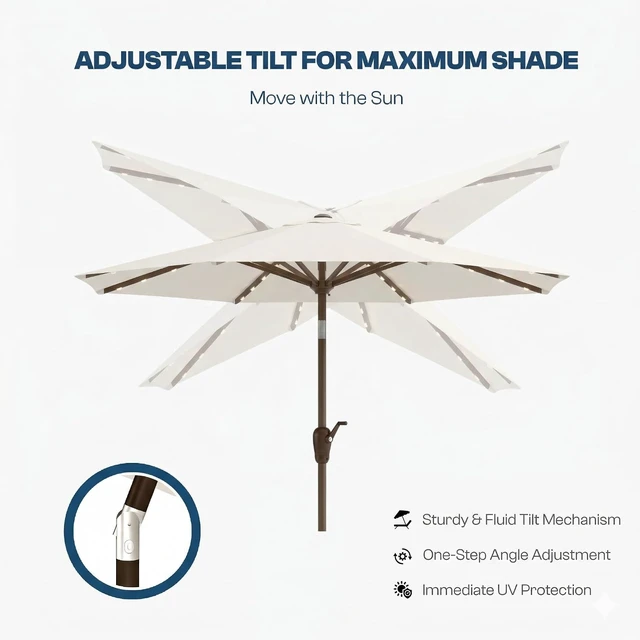 Alt view image 7 of 7 - 10 FT Solar Patio Umbrella with 32 LED Lights UV-Resistant Outdoor Market Umbrella with 8 Sturdy Ribs, Push Button Tilt & Crank for Pool, Deck & Garden