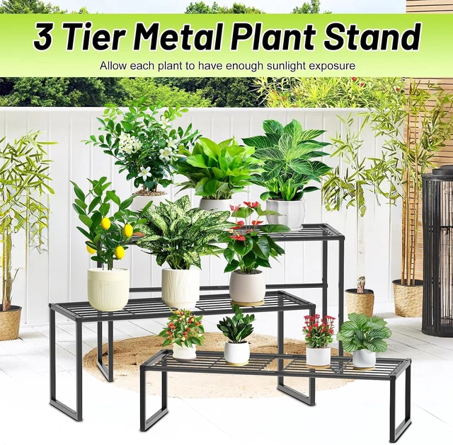 Alt view image 5 of 7 - 3 Tier Heavy Duty Metal Plant Stand Indoor/Outdoor Flower Pot Holder Rack & Display Shelving for Patio, Balcony, Garden & Living Room (Black-3 Tier)