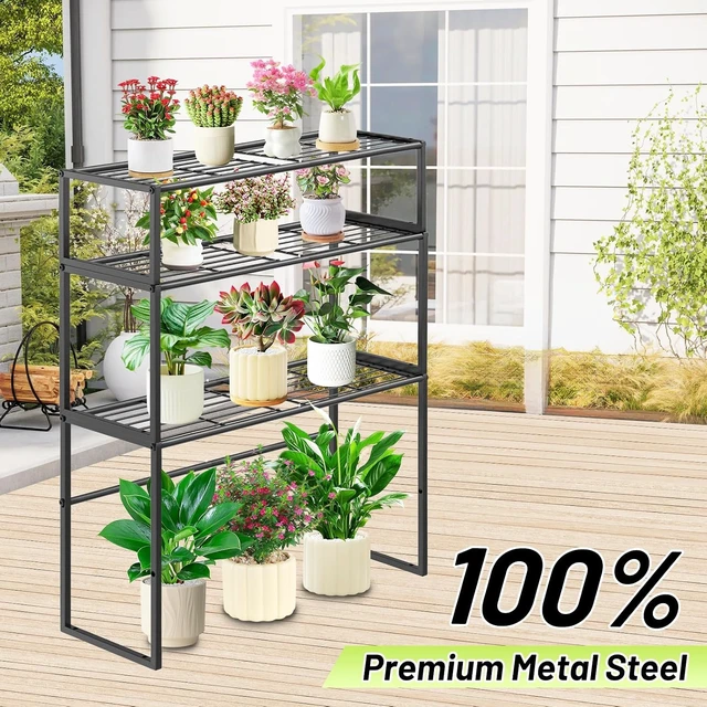 Alt view image 6 of 7 - 3 Tier Heavy Duty Metal Plant Stand Indoor/Outdoor Flower Pot Holder Rack & Display Shelving for Patio, Balcony, Garden & Living Room (Black-3 Tier)