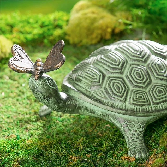 Alt view image 2 of 3 - 14" L Turtle & Butterfly Metal Garden Statue Fade & Weather Resistant Outdoor Decoration for Homes, Yards & Gardens
