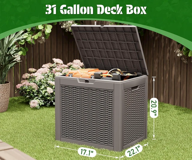 Alt view image 7 of 7 - 31 Gallon Waterproof Outdoor Storage Box Lockable Deck Box & Storage Bench for Package Delivery, Garden Tools, Patio Cushions & Pool Accessories